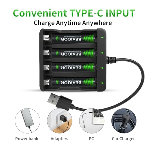 Image of BEVIGOR 4 Bay AA AAA Battery Charger, USB High Speed Independent Slot Charger for NiMH NiCD Rechargeable Batteries, Home Travel Safety Charger with Overheat Protection