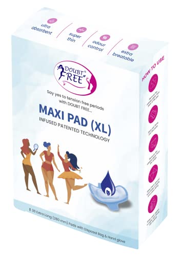Doubtfree XL Sanitary Napkin/Pads for Women with Disposable Pouches & Hand Gloves | 5 Pads | Heavy Flow Pads | 100% Pure Cotton Ultra-Thin Rash Free For Normal-Sensitive Skin (XL) (5)