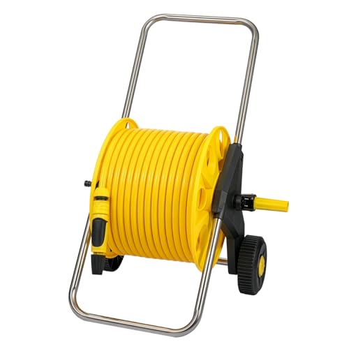 Image of EVERGOODS Garden Hose Reel Cart with 40M Hosepipe, Portable Hose Pipe Reel with 2 Wheels, Adjustable Spray Nozzle, Freestanding Hose Holder for Patio Cleaning, Lawn Watering & Garden Use