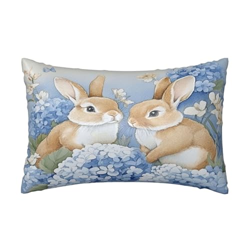 Easter Bunny Rabbits Satin Pillowcase Hydrangea Blue Silk Pillow Cases for Hair and Skin Slipping Body Pillow Cover with Zipper Queen Size 20x30 Pillowcase Decorative for Kids Bedroom