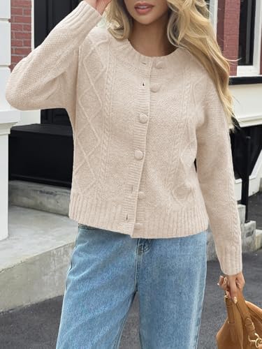 Saodimallsu Womens Cable Knit Cardigan Button Down Crew Neck Long Sleeve Loose Fall Trendy Sweater Coats
