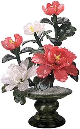 Artificial Bonsai Tree 11.8 Inch Jade Carving Peony Flower Bonsai Gem Stone Money Tree Natural Amethyst Art Decoration Office Living Room Good Luck Bedroom Fake Plant Greenery Decor