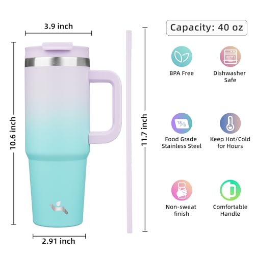 Image of Konokyo 40 oz Insulated Tumbler Water Bottle with Handle, Straw Lid | BPA-free and dishwasher safe; made for gym, travel, coffee and gifting, 2 straws, cup holder friendly,Lavender Green