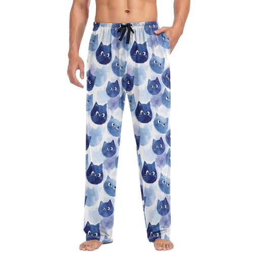 Men's Pajama Pants Cute Blue Cat Print Lounge Pants with Pocket Drawstring S3