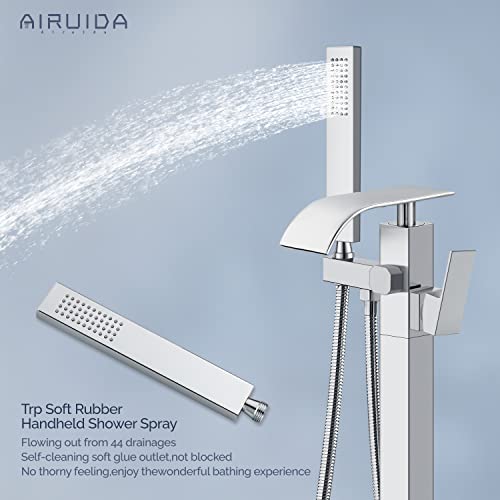 Airuida Chrome Polish Freestanding Bathtub Faucet Floor Mount Waterfall Tub Filler With Single Handle 360 Degree Swivel Standing High Flow Spout Mixer Taps #TOP1