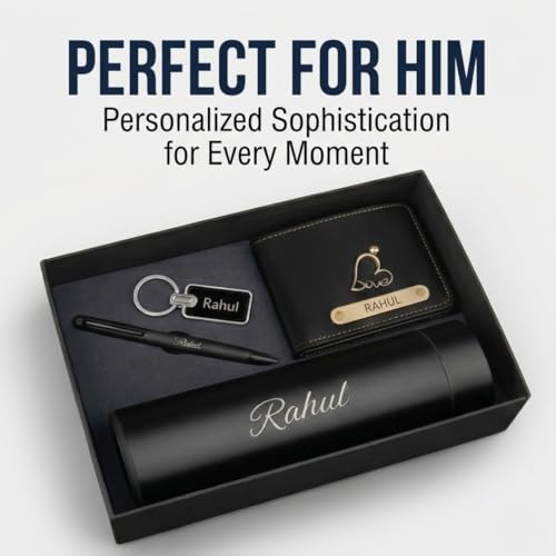 Image of NCGIFTS Personalized Gift Hamper for Men - Custom Engraved Wallet, Metal Pen, Water Bottle & Keychain Set | Premium 4-in-1 Combo for Birthday, Anniversary & Corporate Gifting