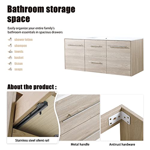 Beingnext 48 Inch Floating Bathroom Vanity With Sink, 48'' Single Sink Wall Mounted Bathroom Vanity, With 2 Drawers, 2 Doors And White Resin Basin Sink Top #TOP4