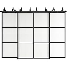 JUBEST Double Bypass Glass Barn Door 120 x 84 in with 12FT Double Hardware Kit and Soft Close, 4 Sets of 30x84 in Reeded Glass Carbon Steel Black Frame Sliding Barn Door, Easy to Install