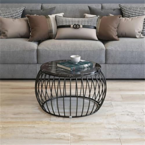 Image of Modern Coffee Tables Round Marble Laminated Tables Set of 2, Stacking Couch Center Table with Golden Metal Frame for Living Room, Bedroom or Apartments (Z Black)