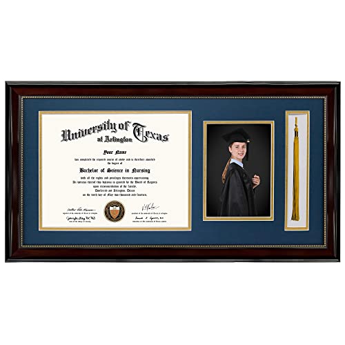 GraduationMall 11x22 Mahogany Diploma Frame with Tassel Holder and Picture for 8.5x11 Certificate 5x7 Photo,Real Glass,Navy over Gold Mat