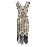WOZOW Robe V-Cou sans Manches Glands Vintage Ourlet Cocktail Flapper Longueur Midi De Soirée pour Femme Serré Paillettes Millésime Années 1920 Perle Sequin Dentelle(Jaune,L)
