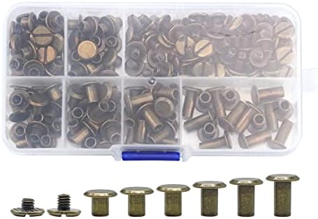 90 Sets Chicago Screws Assorted Kit, 6 Sizes of Round Flat Head Leather Rivets Metal Screw Studs for DIY Leather Craft and Bookbinding (M5 X 4, 5, 6, 8, 10, 12) (Bronze)