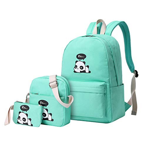 e-youth 3Pcs Cute Panda Backpacks Set for Teenage Girls Boys Lightweight Casual Canvas School Backpack (Green)