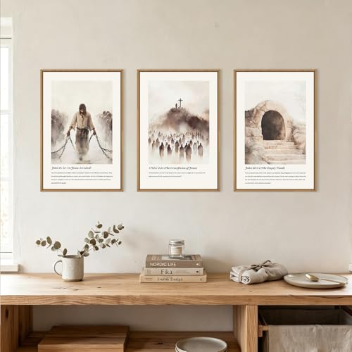 Image of KAIRNE Jesus Christian Framed Canvas Wall Art Set,Neutral Bible Verses Wall Decor,Modern Religious Scripture Art Prints,Christ Cross Empty Tomb Artwork for Living Room,Bedroom,Church,Office-16 x24 x3