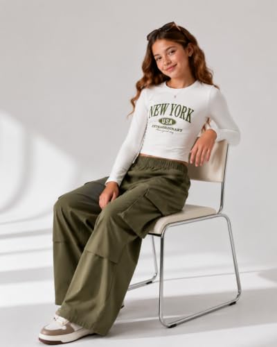 Image of Azmxynol Girls Clothes 2 Piece Outfit Ribbed T-Shirt Top + Cargo Pants, Girls Fall Clothing Set, Sizes 5-16 Years