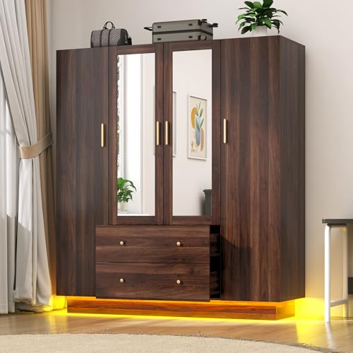 jiteentarou - jiteentarou 4 Door Wardrobe Closet with Mirrors and LED Lights, Bedroom Armoire with Drawers and Shelves, Modern Wooden Armoire Wardrobe Closet with Hanging Rod for Bedroom, Brown - -15%