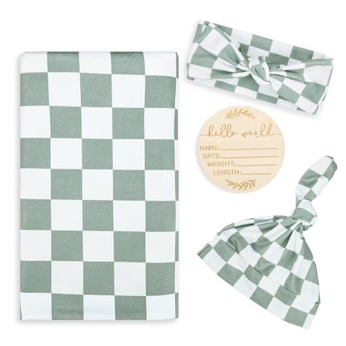 Image of TANOFAR 4-Pack Newborn Swaddle Blanket for Baby Girls & Boys, Ultra Soft Receiving Blankets with Matching Headband and Beanie Set Baby Nursery Swaddle Wrap, Grey Green Checkerboard