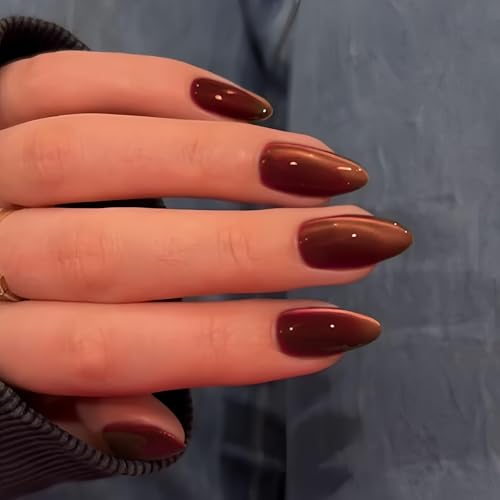 KQueenest Cat Eye Warm Brown Press on Nails Almond, Glitter Fall Press on Nails Medium, Sparkly Shiny Soft Gel Fake Nails Set, Cute Bling Chrome Glue on Nails Stiletto for Women 30 Pcs