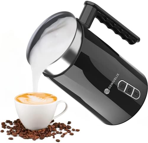 Geniuslix Milk Steamer and Frother 10.1 oz – This Electric Milk Frother 500W Makes Soft Hot or Cold Foam Maker for Your Latte, Cappuccino and Macchiato - Automatic Milk Steamer With Ergonomic Handle.