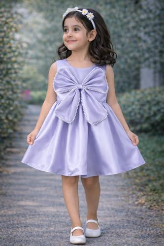 Image of Buy & Try Girls Frock Dress Crystal Moti Embellished Sleeveless Butterfly Design | Knee Length Birthday Dress for Kids with Zipper Closure