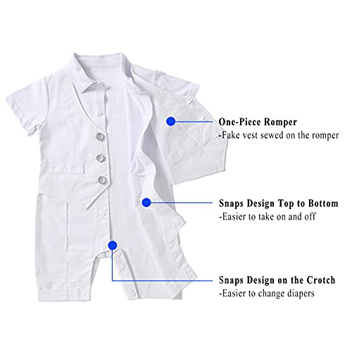 Kgurtagh Baby Boy Tuxedo Suit, Short Sleeve One-Piece Romper & Beret & Bowtie, Newborn Boys Formal Outfits, Infant Boy Dress Clothes (3Pc, 0-24 Months),White,0-3M #TOP4