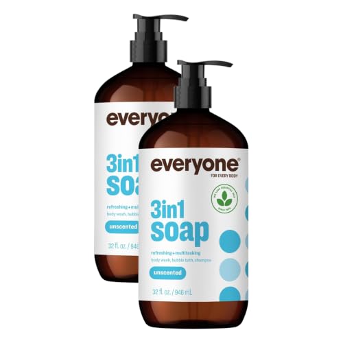 Everyone 3-in-1 Soap,Body Wash,Bubble Bath,Shampoo,32 Ounce,Unscented,made for Men and Women,(Pack of 4)