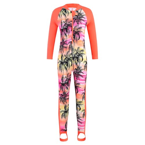 TFJH E Girls Long Sleeve Bathing Suits 1PCS Swimsuits UV 50+ Kids Rash Guard Suits Footed 462 Orange Tree 164/170