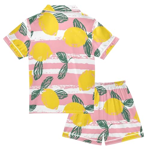 ALAZA Lemon Leaf Citrus Striped Pajamas Satin Pajama Set Short Sleeve Button Down Sleepwear2