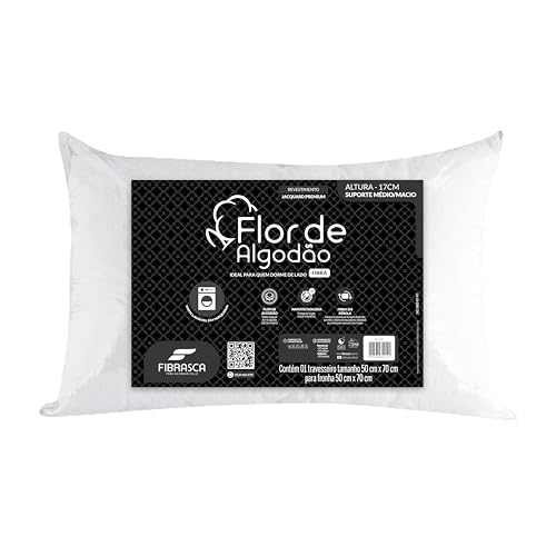 Travesseiro toque de pluma flor de algodão fibra lavável em máquina com íons de prata anti ácaro – Fibrasca – para fronhas 50x70 cm, BRANCO