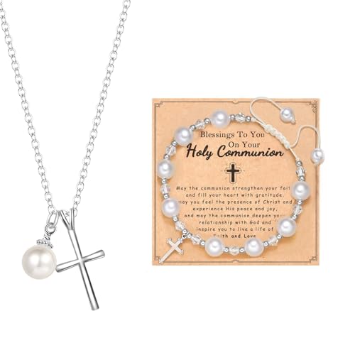 FJHAIY First Communion Gifts Baptism First Holy communion Cross Necklace&Cross Bracelets Christian Gifts Easter Gifts (First Holy Communion)