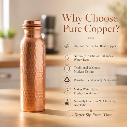 Image of Copper Water Bottle 34oz - 100% Pure Ayurvedic Handcrafted Design - Eco-friendly Premium Quality - Bpa-free Heavy Duty Leak-proof & Lab-tested - Health Benefits for Daily Use, Sports, Travel & Gifting