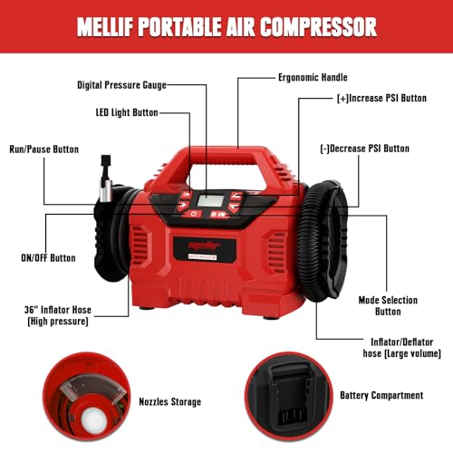 Mellif Tire Inflator Air Compressor Compatible with Milwaukee 18V Battery(Tool Only), Cordless Dual Function Inflator 160PSI Portable Air Pump with Digital Gauge for car tires, ball, Air Mattresses