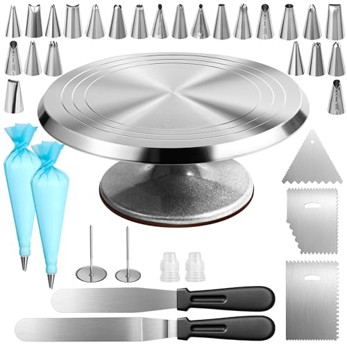 Chumix Plato Giratorio para Tartas de Aluminio, de 31 Cm, con Boquillas de Acero Inoxidable, Mangas Pasteleras Reutilizables, EspáTula para Tartas y EspáTula para DecoracióN de Tartas (36 Piezas)
