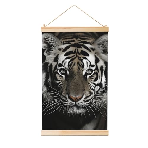 Poster tigre noir et blanc grand format cadre bois mural 91 cm