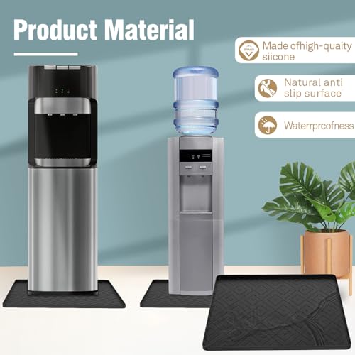 Image of Water Cooler Mat, 19.7 inch x 19.7 inch Silicone Water Dispenser Mat, Non Slip Water Cooler Tray with Raised Edge for Foor Protector, Waterproof Tray for Mini Fridge, Humidifier, Ice Maker, Kitchen (Black)