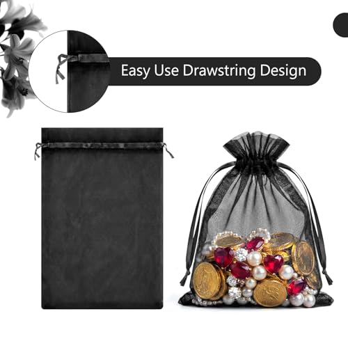 Image of FUNFERY 100 Pcs Black Organza Bags 3x4 in, Small Mesh Drawstring Gift Bags for Sachet, Jewelry, Candy, Wedding Favor, Easter Day