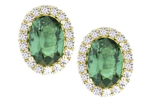 Old English Jewellers 9ct Yellow Gold Emerald Oval Cluster Stud Earrings - 10mm x 8mm - Womens May Birthstone Earrings - Statement Gemstone Earrings - Diamond and Emerald Halo Studs for Ladies - Image 2