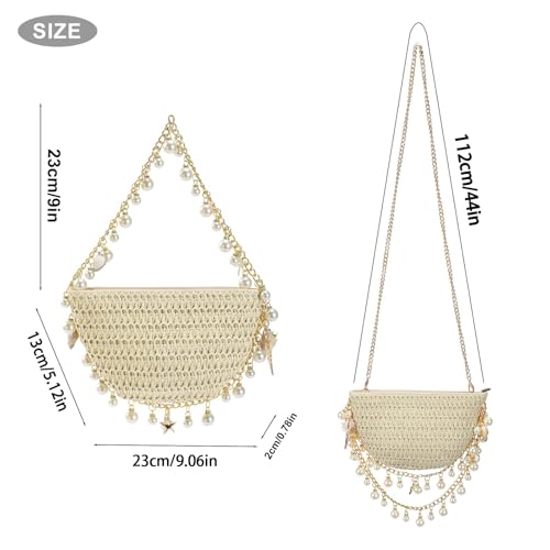 Seashell Purse for Women 9 Inch Handwoven Straw Clutch with Pearl Beads & Detachable Straps Beach Wedding Evening Party Purse Summer Vacation Crossbody Bag Gift2