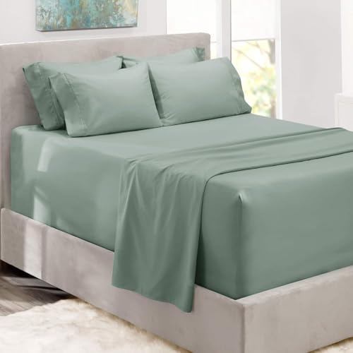 Hearth & Harbor Bed Sheets, Luxury Soft 6 Piece Bed Sheet Set Extra Deep Pocket Fitted Sheets Fits Mattress up to 21', Double Brushed Bedding Sheets & Pillowcases, Queen, Ice Green