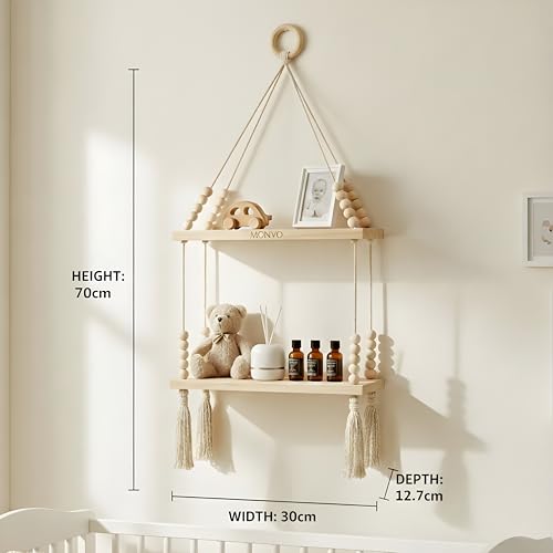 Image of 2-Tier Hanging Shelf with Wall Hook, Use Decor Plants, Books, Decorative Gift Items Nursery Livingroom Wooden Beads & Ring, Tassels Woven Bohemian