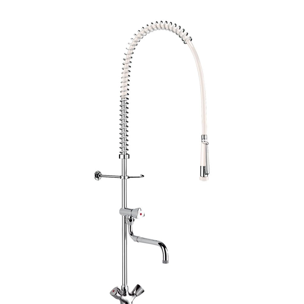 Delabie - Ensemble de prelavage avec melangeur monotrou et robinet de puisage a bec telescopique. flexible et douchette blancs