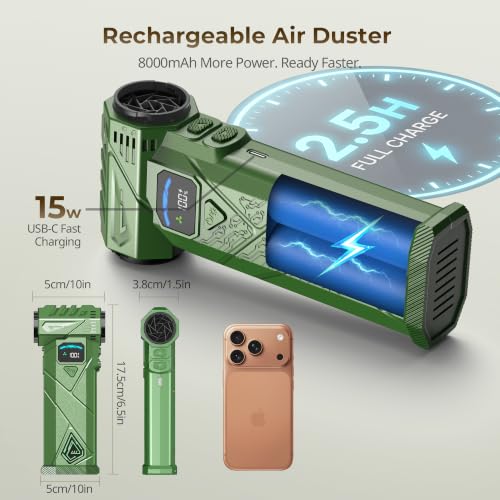Compressed Air Duster, 130000RPM High-Speed Electric Air Duster with Smart LED Display & Stepless Speed Control, Rechargeable Cordless Air Blower for PC Keyboard, Car & Home Cleaning (Green) - image 5