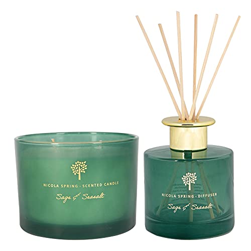Nicola Spring Sage & Seasalt Scented Candle & Reed Diffuser Set - 350g Soy Wax Candle 38 Hour Burning Time Large Relaxing Fragrance Gift Set Aromatherapy 200ml Fragrant Diffuser