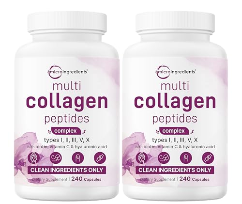 Micro Ingredients 2 Pack Multi Collagen Pills for Women & Men, 480 Capsules | Type I, II, III, V, X | Hydrolyzed Protein Peptides with Biotin, Hyaluronic Acid, & Vitamin C | Keto & Paleo Friendly