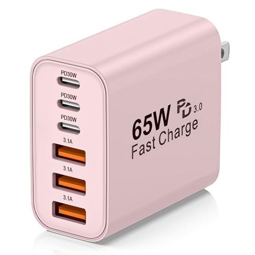 USB C Charger Block,65W 6-Port USBC Charging Block,Wall Charger iPhone Charger Fast Charging,Multiport Type C PD+QC Power Plug for All iPhone 17 16 15 iPad Samsung S23 S24 iWatch Pixel Series (Pink)