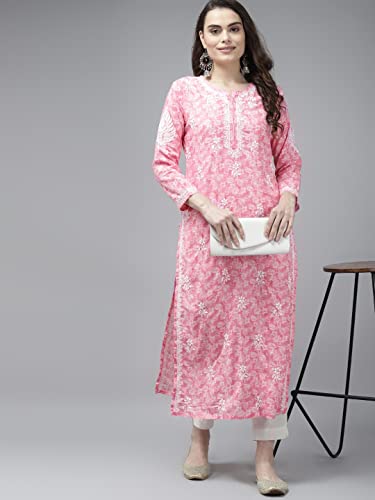 Image of Ada Women's Cotton Straight Fit Straight Hand Embroidered Lucknowi Chikankari Kurta Kurti A411378