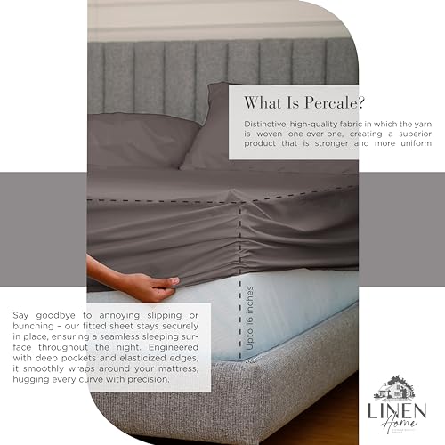 Image of Linen Home 100% Cotton Percale Sheets King Size, Charcoal, Deep Pocket, 4 Pieces Set - 1 Flat, 1 Deep Pocket Fitted Sheet and 2 Pillowcases, Crisp Cool and Strong Bed Linen