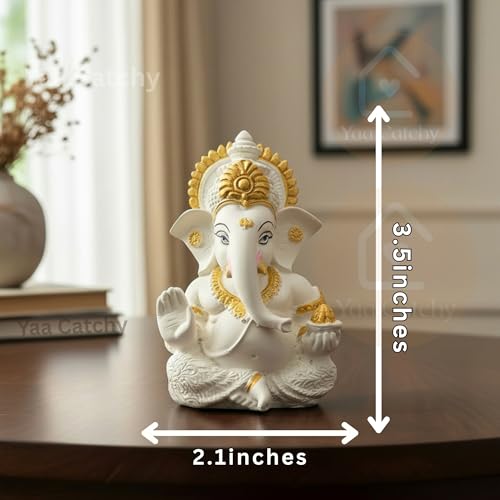 Image of White & Gold Ganesha Idol Car Dashboard Idol Ganesha Murti Ganpati Idol for Home Decor Pooja Lord Ganesh Statue Gift for Office Desk Pooja Room (Ganesha Resin White & Gold)