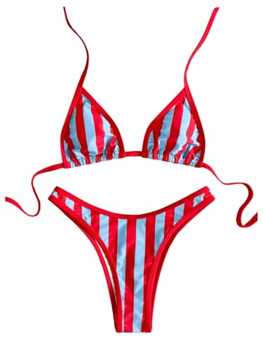 Milumia Womens Striped Bikini Set Triangle Halter Swimsuit High Cut Two Piece Bathing Suits Red and Blue Medium
