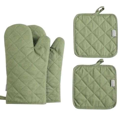 Ofenhandschuhe und Topflappen, 4-teiliges Set, hohe Hitzebeständigkeit, 500 Grad, extra dick, lang, Küchen-Baumwoll-Ofenhandschuh zum Kochen (30,5 cm, grün)
